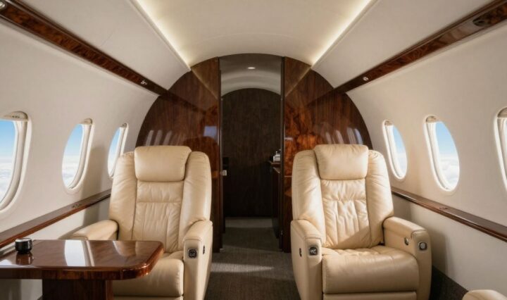Interior of a luxurious private jet cabin.
