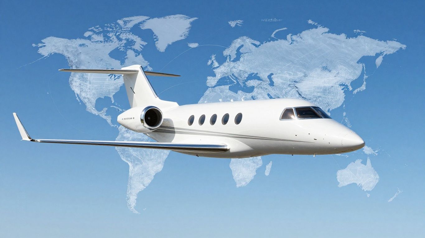 Private jet flying over a globe.