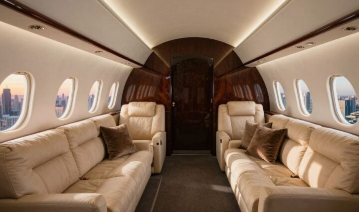 Luxurious private jet interior with city view at sunset.