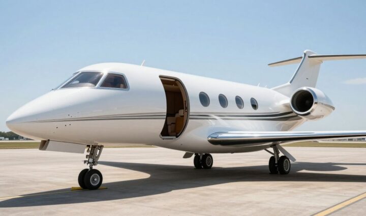 Sleek private jet on tarmac, luxury travel.