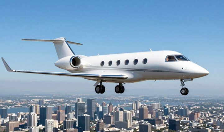 Sleek private jet flying over a city.