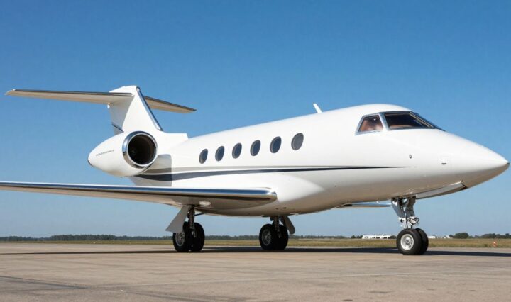 Private jet flying over luxurious landscape.