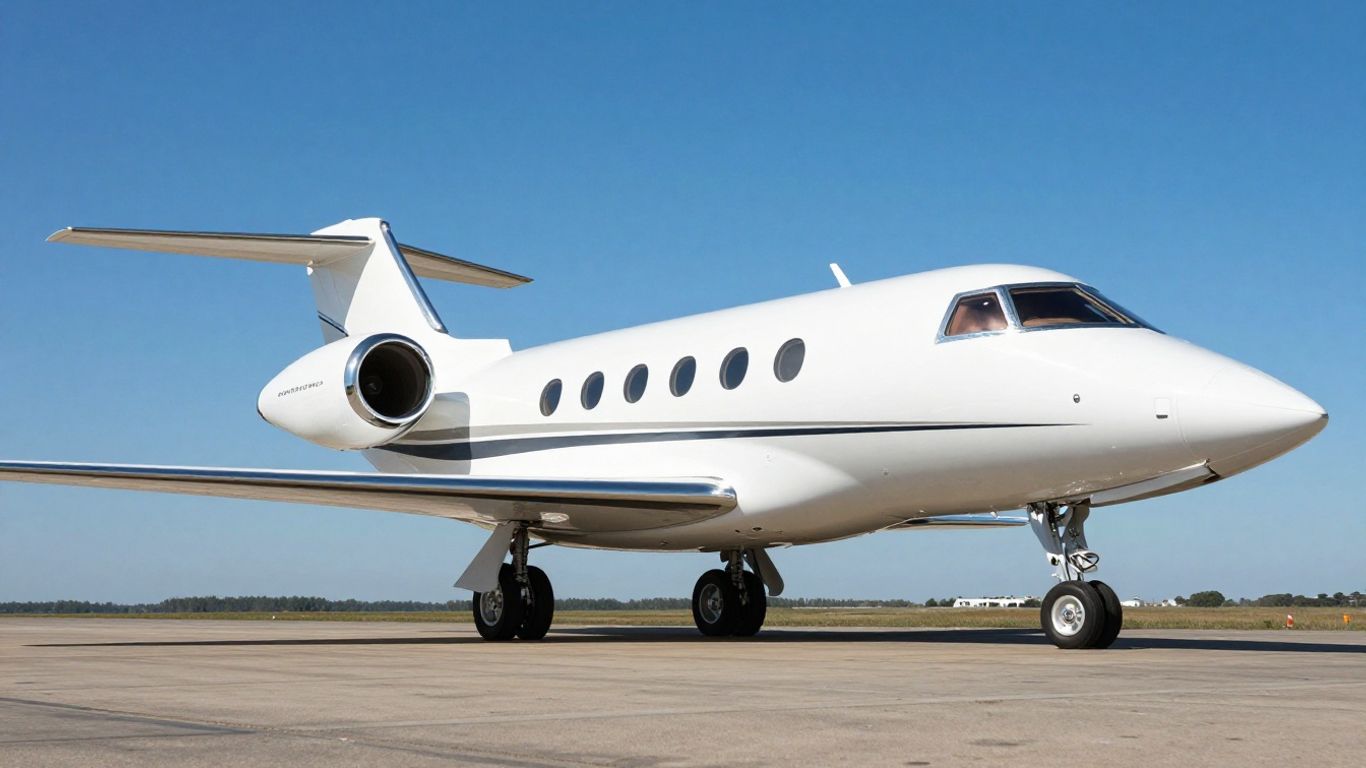 Private jet flying over luxurious landscape.