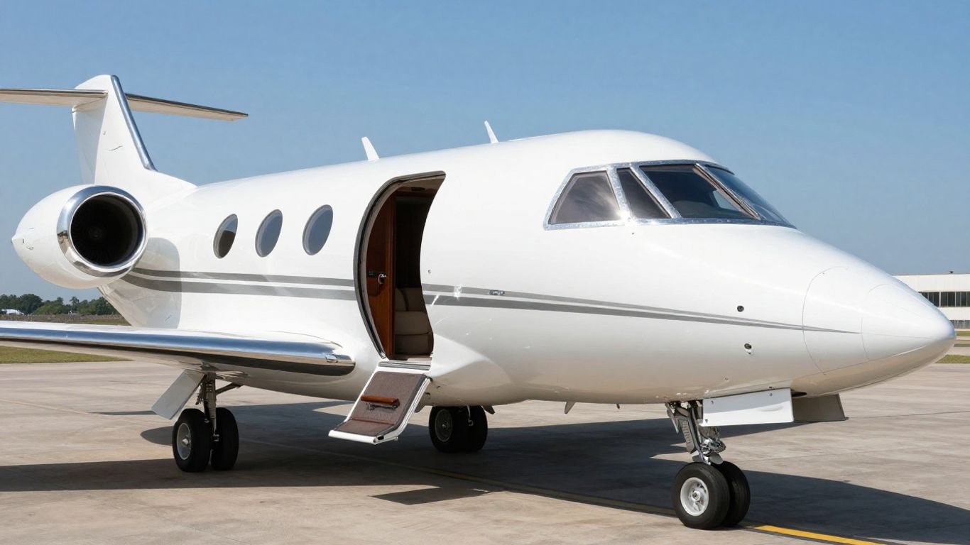Sleek private jet on tarmac, luxurious cabin visible.
