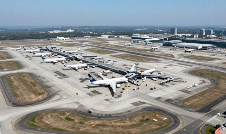 Aerial view of a giant busy airport.